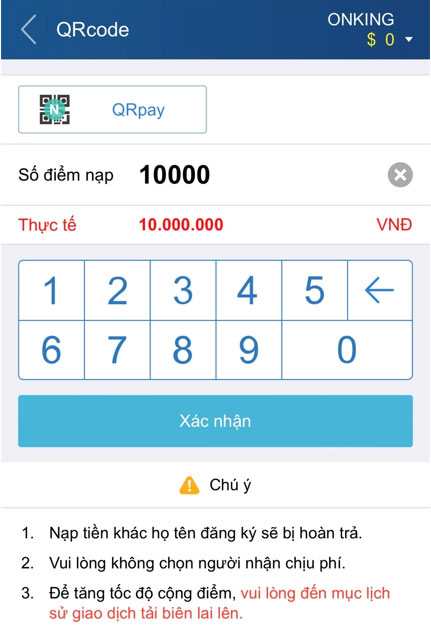 nhập số điểm nạp